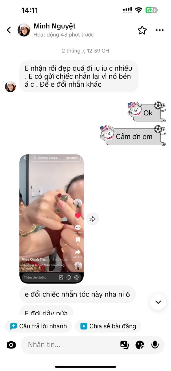 Phản hồi khách hàng Miss Oanh Trang Sức